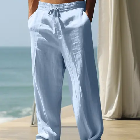 Men's solid-color linen straight-leg pants, comfortable beach pants with pockets, for men's daily summer wear, featuring loose wide-leg design, light-colored washed finish and a loose fit, Casual trousers