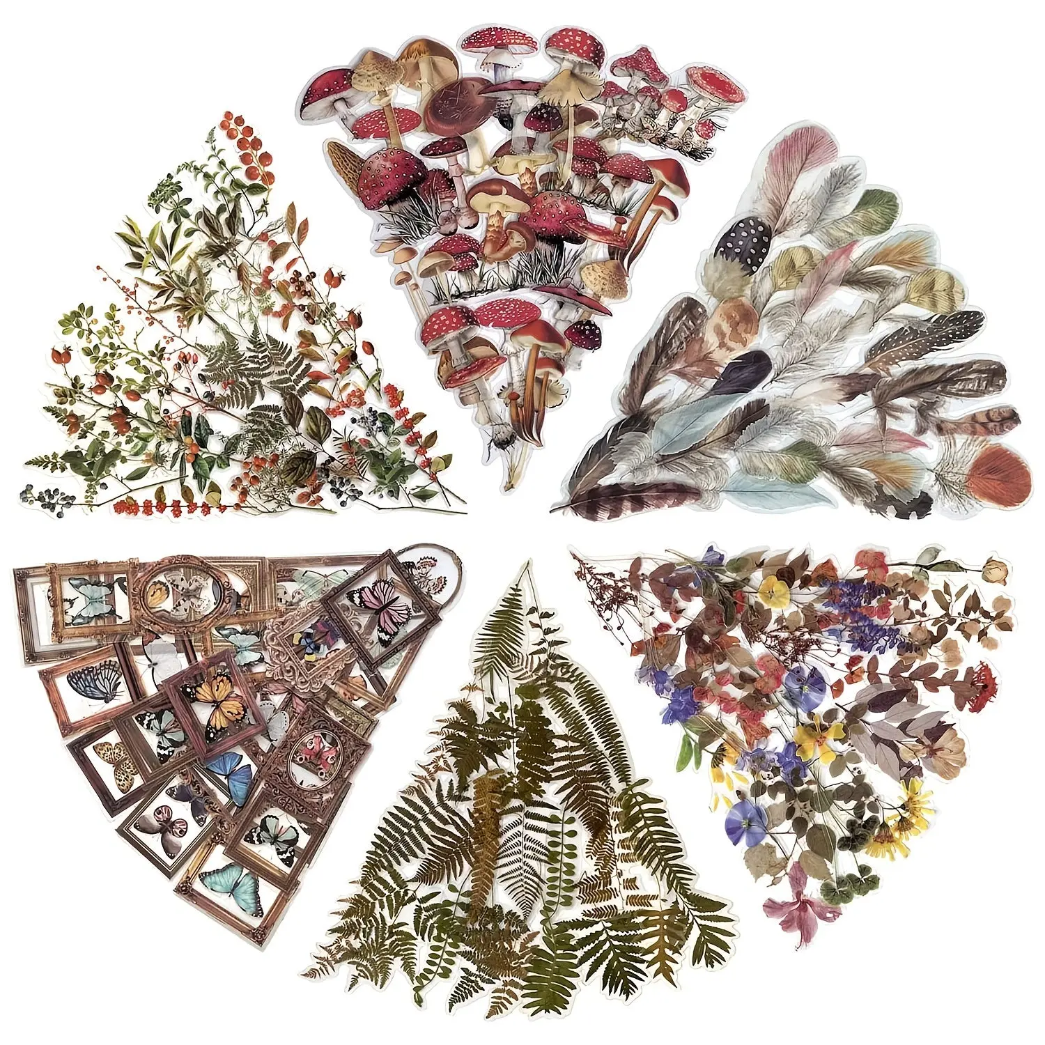 Mohamm 240-Pc Water Resistant Durable Adhesive PET Transparent Stickers - Floral Pattern Sticker, Mushroom, Butterfly, Fern Nature Theme Designs, DIY Decal Film for Scrapbooking, Office Stationery Labeling