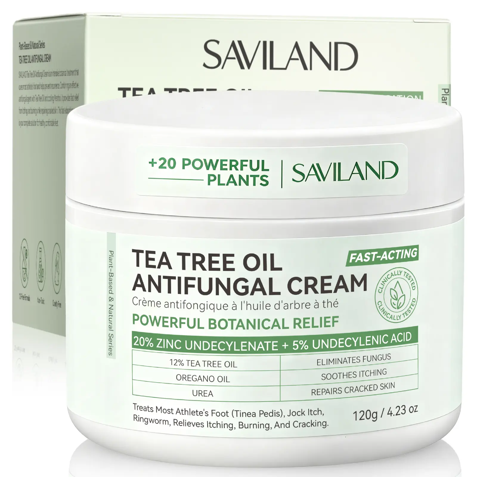SAVILAND Extra Strength Antifungal Cream: 25% Undecylenic Acid Fungal Treatment for Athlete’s Foot, Jock Itch & Ringworm, Natural Skin Relief with Tea Tree & Oregano Oil, Foot Fungus Care – 120g