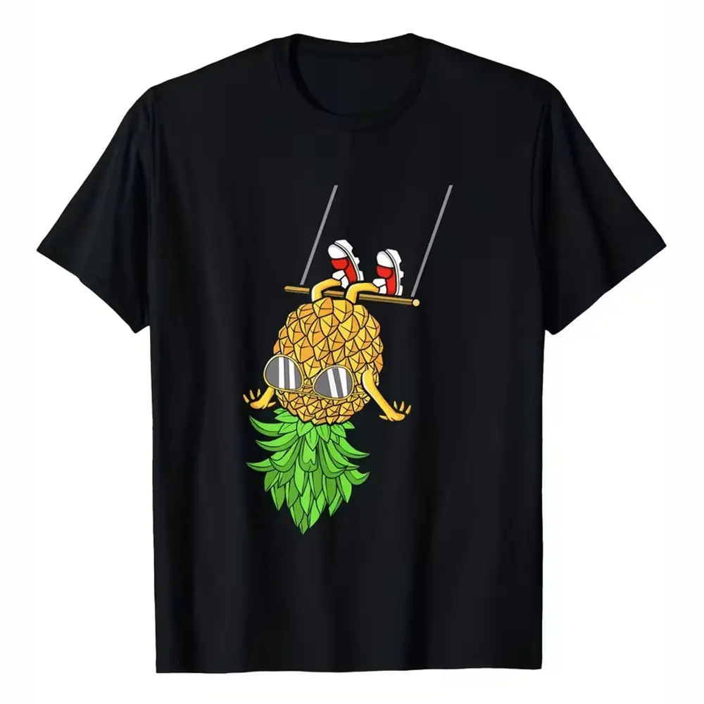 Funny Hanging Pineapple Cartoon Trendy Streetwear T Shirt, Tropical Fruit Summer Vacation Everyday Casual Tee