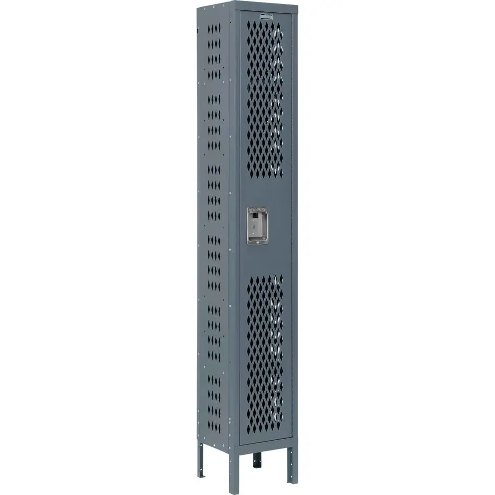 Global Industrial 493742GY Infinity 1-Tier 1-Door Ventilated Locker, Unassembled Heavy-Duty Tall Cabinet with Diamond Shaped Perforations, 12x12x78 in. Commercial Office, Gym, School Furniture (Blank Number Plates Included), Clean Look