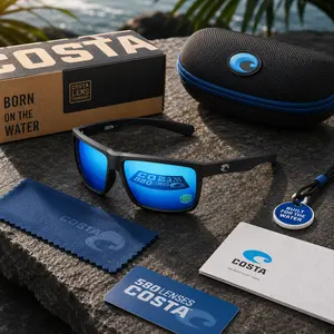 Costa Del Mar Polarized Sunglasses for Men UV400 Fishing Sunglasses – Blue Mirror Lens Outdoor Boating Driving Eyewear Full Set Included
