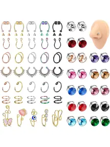 Fashionable 59 Pcs Colorful Fake Nose Rings Set Trendy Magnetic Stainless Steel Copper Nose Rings for Women Men Faux Magnetic Septum Nose Ring Studs Hoops Fake Nose Piercings Nose Cuffs Magnet Faux Pretend Nose Rings