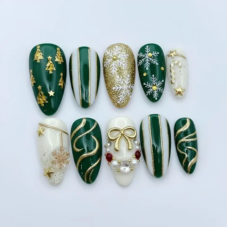 [New Model] 10 PCS Handmade Press on Nails, Red Gold Christmas Press on Nails  3D Xmas Tree Bow Fake Nails  Elegant Holiday  Gold Snowflake Nail Art  Luxury Nails Custom Shape, Y2K 3D Gel Nails, Trending Nail 2026