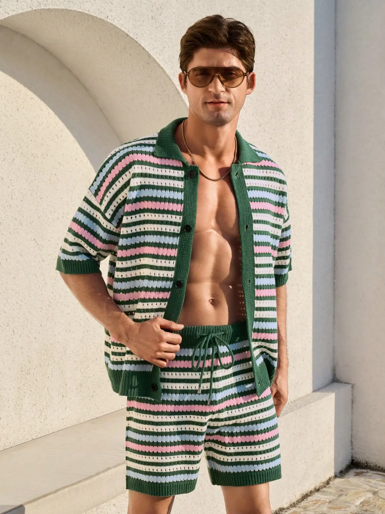 Men's Striped Hollow Out Knit Polo Neck Short Sleeve Cardigan + Shorts Set, Casual Vacation Style Two Piece Suit Knit Clothing Sets