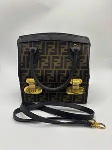 Pre-owned FENDI Classic Zucca Monogram & Black Wave Leather Rare Double Layer Vanity Case Hard Box 22×22×13 cm