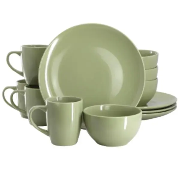 Gibson Home 12-Piece Everyday Plus Ceramic Tableware Set - Glossy, Round Shape, Traditional Sage Green, Dishwasher Safe Dinnerware Set