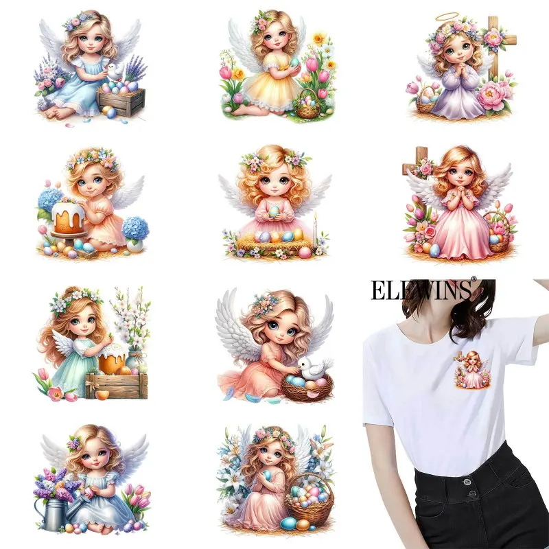 12-piece Easter Angel Gold Foil Transfers, DTF Foil Transfers, Handcraft, DIY Material. Perfect for T-shirts, hoodies, jeans, backpacks, and pillows, washable plastic transfer paper suitable for both men and women.