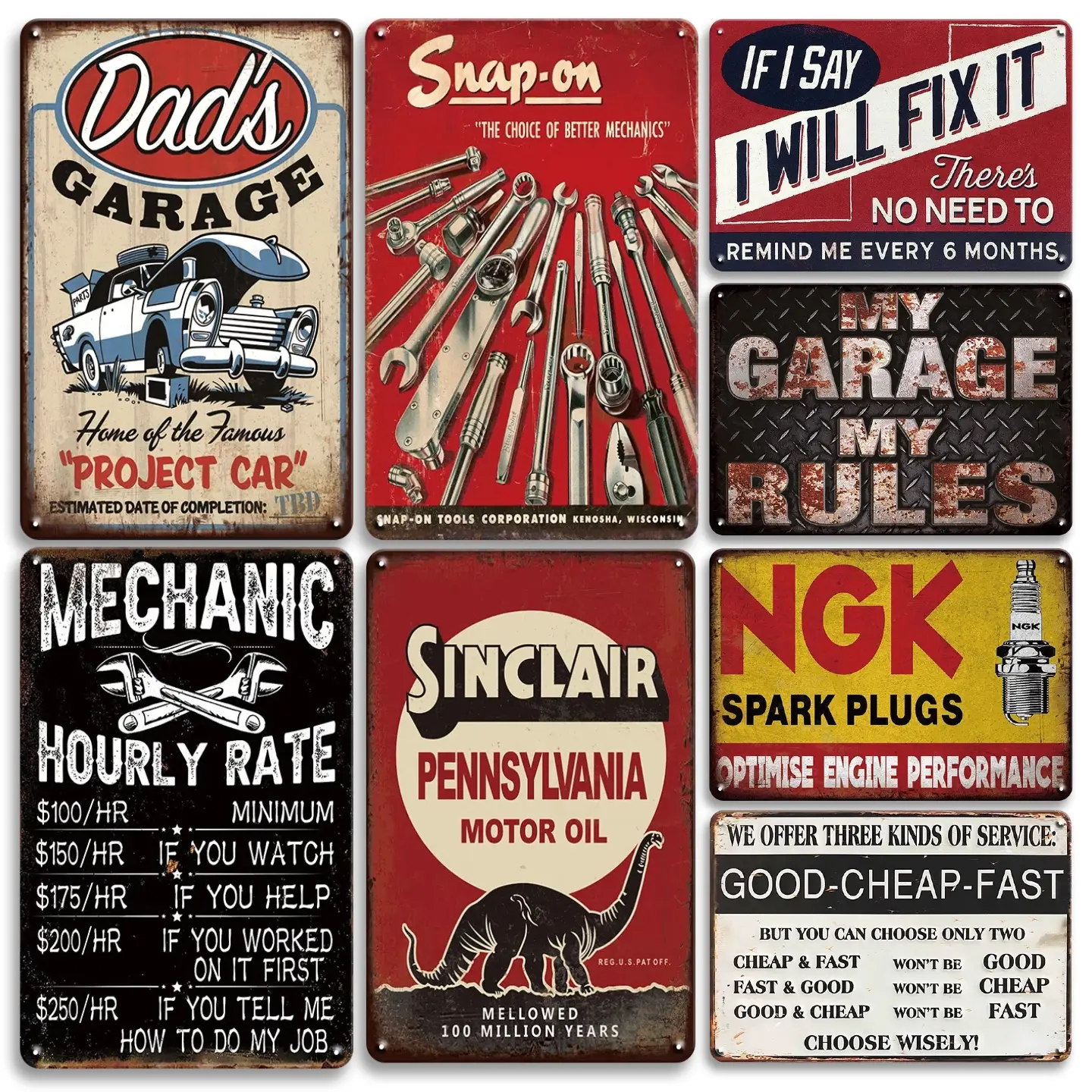 Vintage Garage Sign, 8 Counts/set Metal Tin Sign, Garage Wall Decor Sign, Vintage Retro Indoor & Outdoor Decor for Car Repair Shop, Man Cave, Signage, Vintage Plaque Decoration, Metal Signs