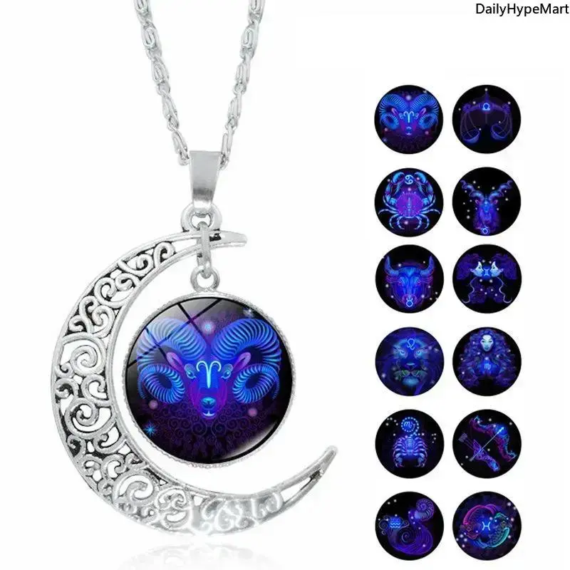 Funky Zodiac Pendant Necklace with Glowing Glass Moon, Unisex 12 Constellation Gemstone for Aries & Cancer, Anniversary Gift, Celestial, Fashionable Necklace, Jewelry, Everyday, Moon Shape