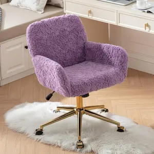 Furry Cute Office Chair- Modern Swivel Desk Chair with Wheels- Makeup Vanity Chairs with Back - Alpaca Fleece Upholstered Rolling Chairs for Vanity Makeup Room Girls Women Violet