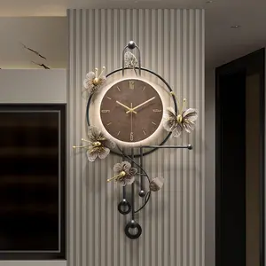 Modern Wall Clock with Voice Activated Light, Oversized Metal Large Wall Clocks, Silent Battery Operated with Pendulum, 3D Wall Art Decor Clock, Home Wall Decor for Living Room Bedroom Farmhouse Office Kitchen - 27X17Inch