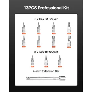 VEVOR Click Torque Wrench Set, 1/4Inch Drive, 20-200lbf-in/2.3-22.6N. m, Dual-direction and Dual Range Scales, 72-Tooth, 3 High Precision, with Bit Sockets, Extension Bar, for Bicycle Repair, Orange