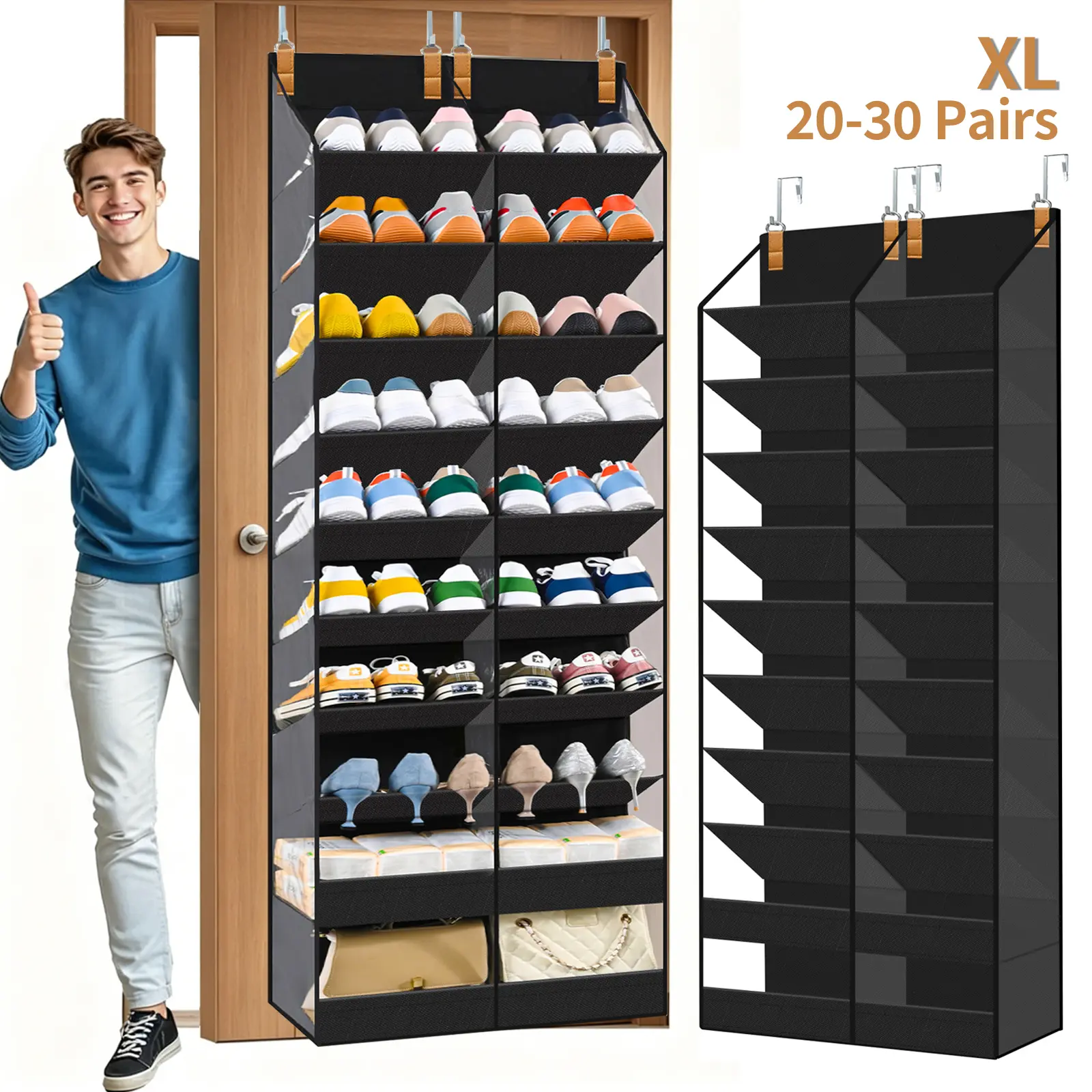 OKMARTS Over The Door Shoe Organizer | Hangable Household Shoe Storage Organizer, Deep Pocket Foldable Door Shoe Rack Organizer, Sturdy Minimalist Storage Tool, Fits 20-30 Pairs, Great for Bedroom & Entryway, Must-Have Home Organization Gift