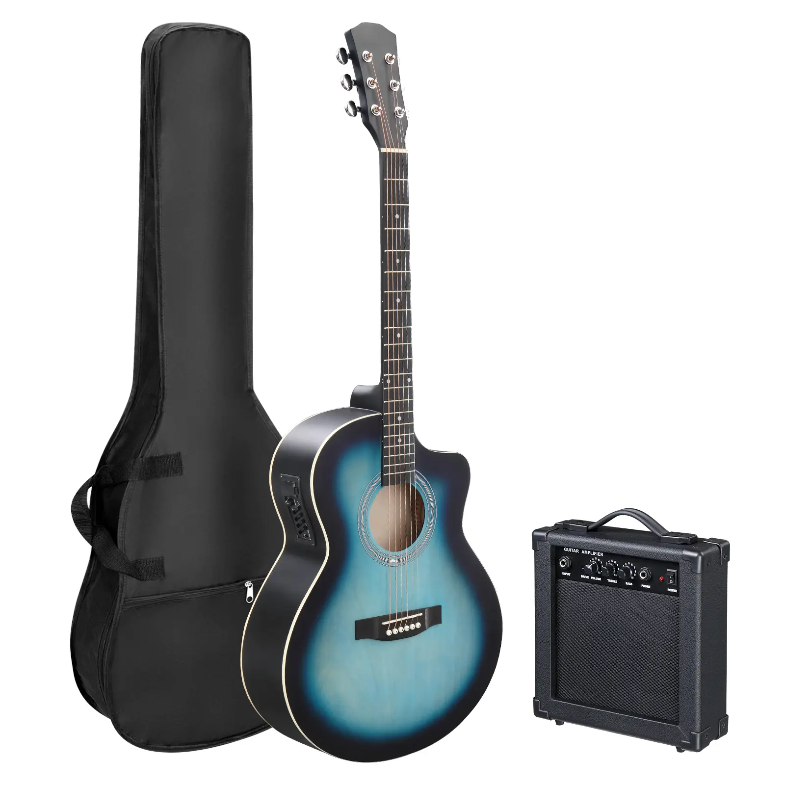 KMA102 41In Basswood Panel Matte Edging Folk Guitar with 15W Amplifier Bag Tuner and other Accessories Rubbed blue