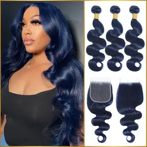 ALHER Body Wave 3 Bundles With 4x4 Closure Dark Blue Color Human Hair 12A 100% Brazilian Hair Bundles 100g/pc and Free Part Closure Pre plucked for Black Women Midnight Blue 150% Density(4x4 closure,3 Bundles with 4x4 Closure)