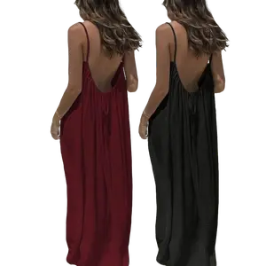 Women's Solid Color Backless Spaghetti Strap Cami Dress,1/2PCS S-5XL Casual Minimalist Sleeveless Dress for Summer, Ladies Clothes for Beach Holiday Vacation