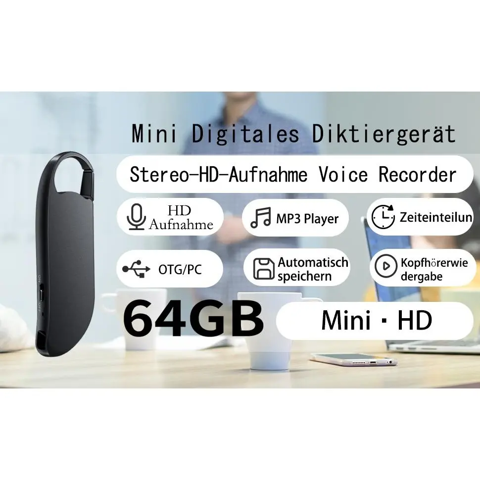 Mini Voice Recorder 64GB, Small Digital Audio Recorder USB Flash Drive MP3, Long Battery Recording Device for