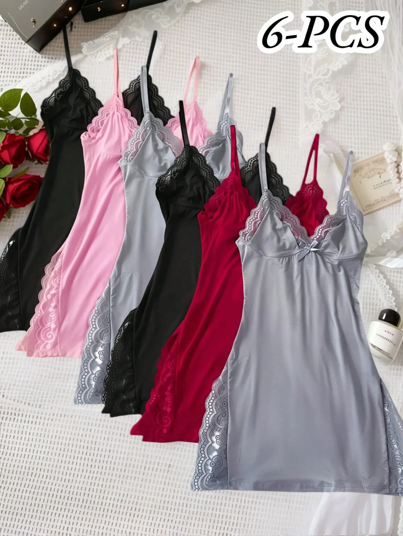6pcs Of Women's Solid Lace Nightdress, Lace Panels, Skirt Side Slits, Women's Clothes, Clothes For Women
