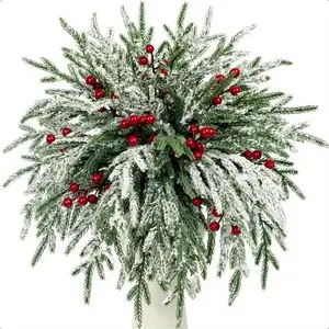 20pcs Artificial Norfolk Pine Branches and Red Fruits , Christmas Green Plants Select Norfolk Pine Stems False Pine Needles Branches for Vase Filling DIY Craft Wreath , Christmas Decorations Decorative Set Multi-Color