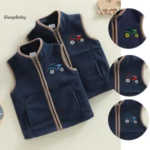 Boys Autumn Casual Vest Coat Sleeveless Stand Collar Zip Up Tractor Embroidery Fleece Vest Jacket