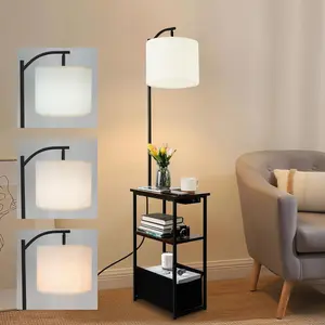 Floor Lamp with Table, Narrow Side Table with Fabric Basket, USB-A/USB-C Charging Station and AC Port, 3 Color Temperatures 12W LED Bulb, End Table for Bedroom, Living Room and Home Office, Brown