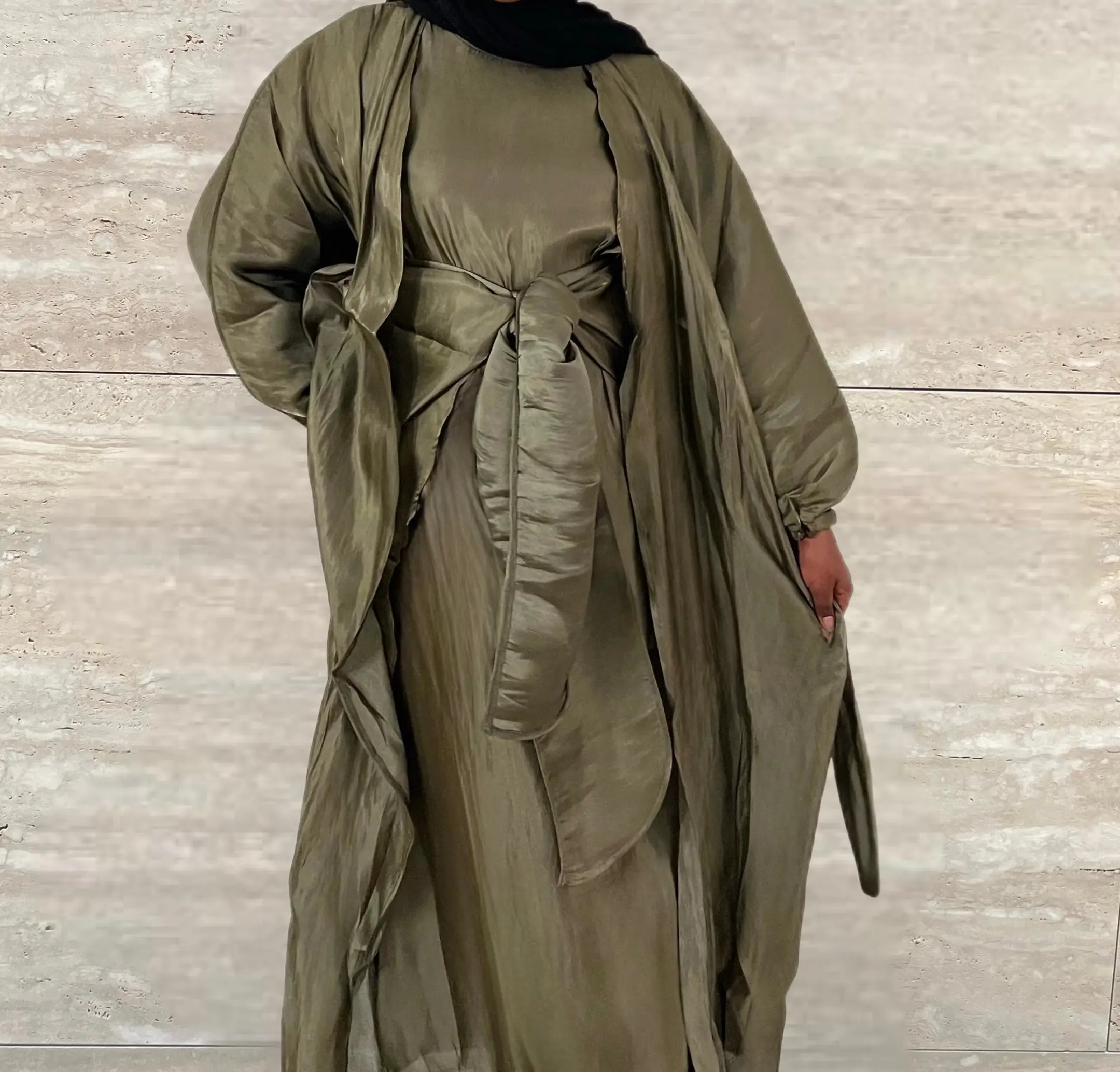 Marwa 3 piece Organza Abaya Set- Army Green