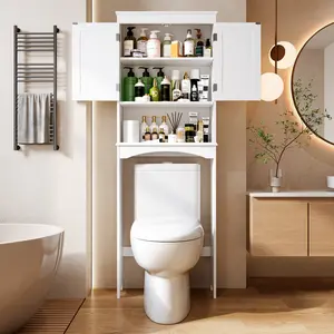 Gizoon 66''H Over The Toilet Storage Cabinet with Adjustable Shelf and Double Doors Bathroom Space Saver Organizer Above Toilet with Open Shelf Taller Wooden Free Standing Toilet Rack