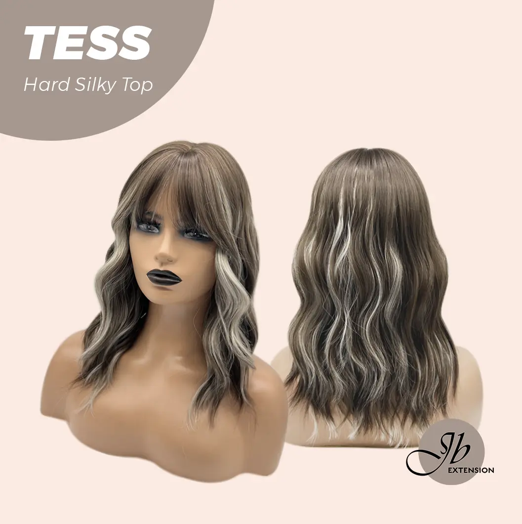 JBEXTENSION 15 Inches Scalpiana Wave Light Brown with Highlight 3.5X4 Hard Silky Top Natural Scalp Effect Wig with Bangs TESS
