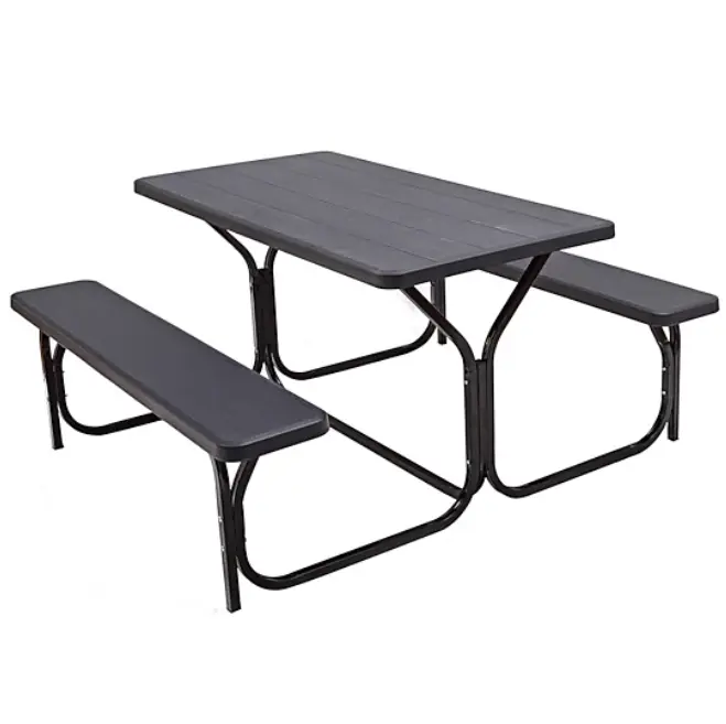 SUGIFT Outdoor Picnic Table Bench Set with Metal Base, 330-Lb Table Capacity, 440-Lb Bench Capacity, Portable Patio Dining Table and Benches for Backyard, Garden, Camping, BBQ, Family Gatherings, Black