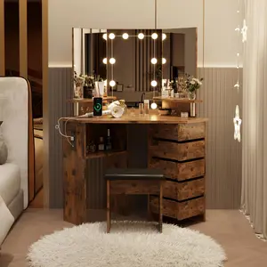 【Restock Sale】GARVEE Makeup Vanity Desk with Adjustable Lights, Power Outlet, and 5 Rotating Drawers - Stylish Corner Dressing Table with Shelves and Stool for Women and Girls, Perfect for Makeup and Beauty Routine.