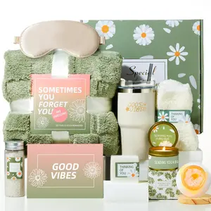 Emberwave Sage Green Daisy Mother's Day Lavender "Good Vibes" Spa Gift Set - 20oz Insulated Hot/Cold Drink Tumbler, Hydrating Bath Bombs, Plush Blanket, Candle (Spring Glow Up Home & Festive Gift Basket),summervibes Calming teacher appreciation gifts 2026