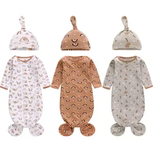 Newborn Knotted Nightgown Long Sleeve with Matching Hat Set 3 Pack, Unisex Baby Sleeper Gowns Coming Home Outfits Set with Mitten Cuffs for Boys Girls