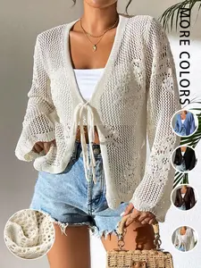 Women's Fitted Plain Sheer Tie Front Cardigan, Casual Long Sleeve Cardigan for Daily Wear, Ladies Knitwear for All Seasons