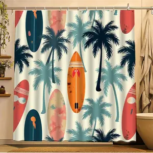 1pc Tropical Surf & Palm Tree Shower Curtain - Vintage Beach Theme Bathroom Decor with Surfboards, Palm Trees & Ocean Waves in Teal Blue, Coral Pink, Mustard Yellow - 70.8x70.8 Inch with Hooks, Machine Washable Coastal Bathroom Decorations