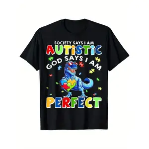Society Says I'm Autistic God Says I'm Perfect Autism Funny T-Shirt for Boys Soft Fabric, Breathable, Comfortable Short Sleeve Toddler Tees Perfect for Boys Shirts Boy Girl Best Gift
