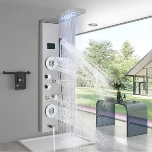 Stainless Steel Shower Panel Tower System,LED Rainfall Waterfall Shower Head 5-Function Faucet Rain Massage System with Body Jets, Brushed Nickel