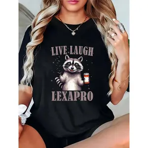 Women’s Live Laugh Lexapro Raccoon Holding Pill Bottle Graphic T-Shirt Casual Daily Lounge Black Tee 100% Cotton T-shirt