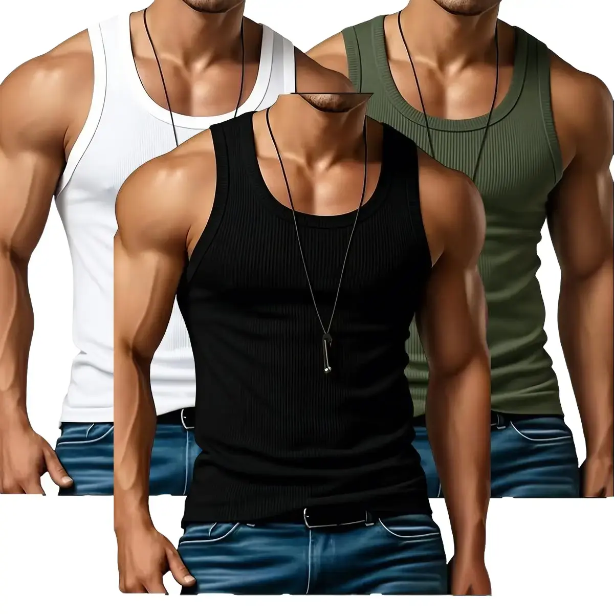 Men's 3PCS Ribbed Knit Tank Tops, Polyester Silky Fabric, Moderate Stretch Lightweight Semi Sheer Sleeveless Plain Casual Vests for Gym, Daily Wear, Outdoor Fitness Summer Wear,travel essentials,camping essentials