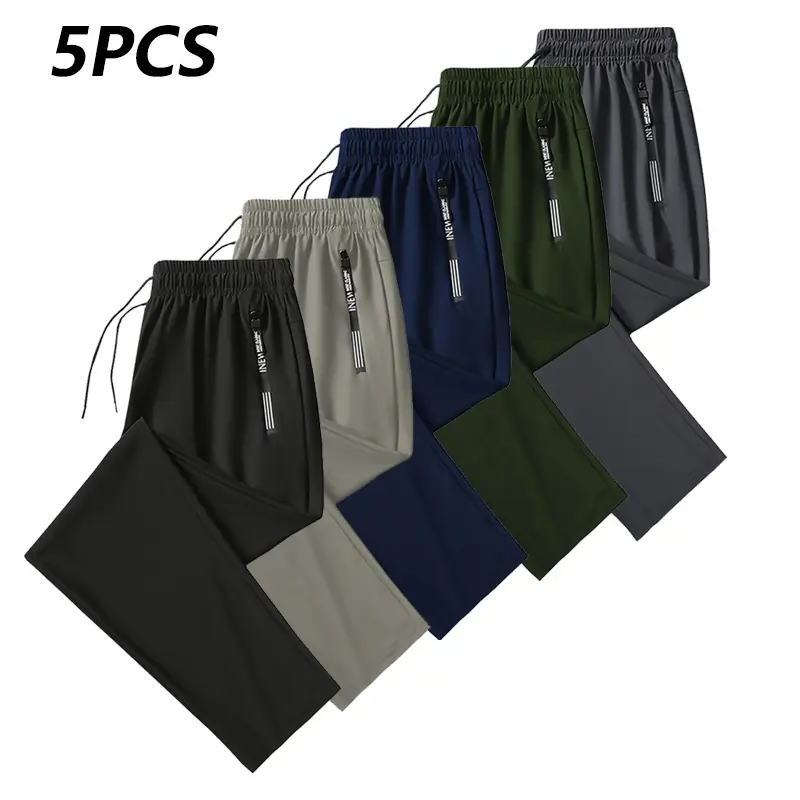 Men's Stretch Ice Cool Fiber Fabric Jogger Pants, Summer Breathable Quick-Dry Casual Sports Straight-Leg Trousers with Drawstring Waistband and Letter Pattern Zipper Side Pockets, Suitable for Golf, Fishing, Basketball, Camping, Gym, Beach Running