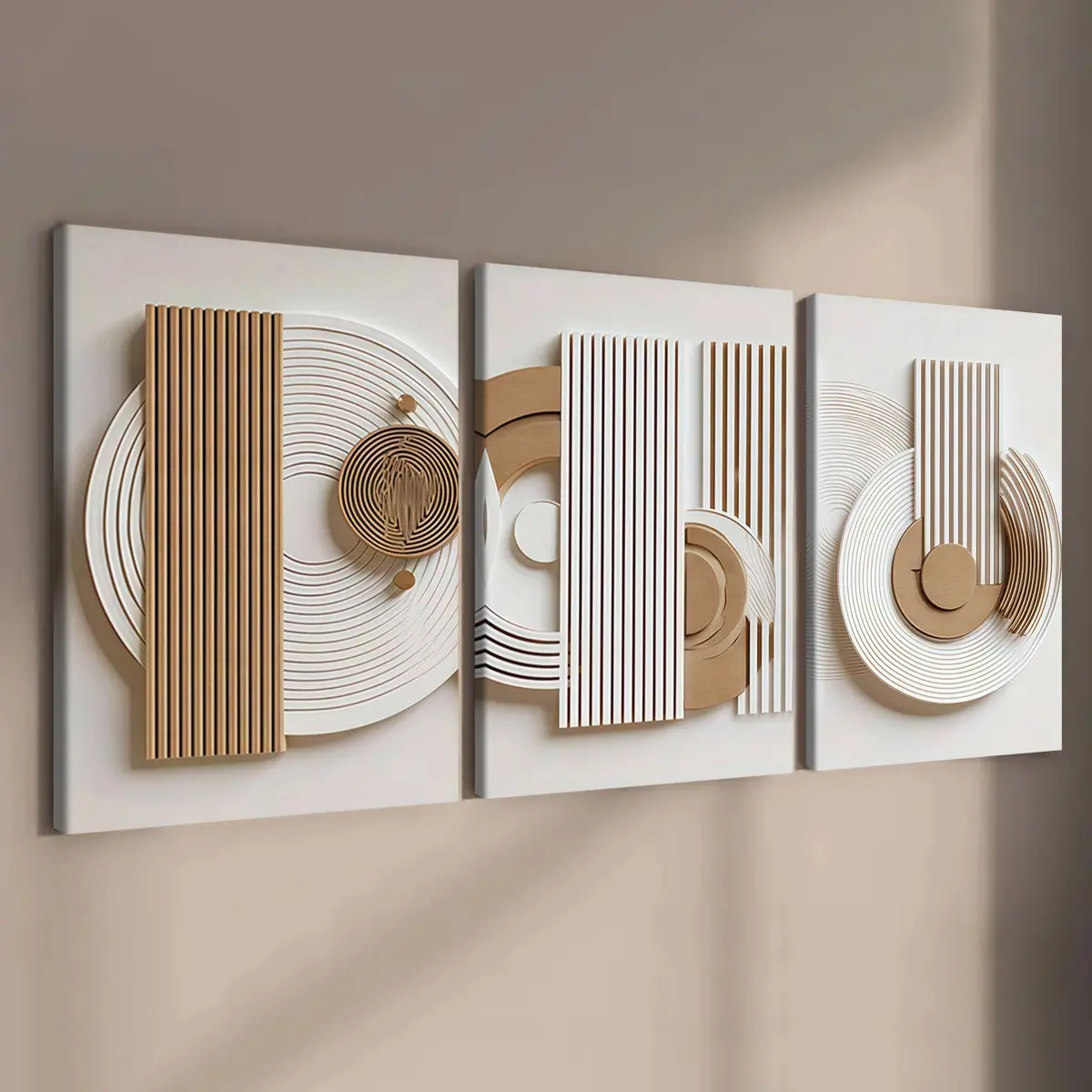 3-Piece Wooden-Framed Canvas Wall Art Set, Wabi-Sabi Geometric Abstract Prints, Modern Living Room Decor, Waterproof, Gift Idea