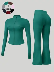 Women's Sporty Two-Piece Set, High Waist Long Sleeve Jacket and Pants, Comfortable Breathable Slim Fit, Workout Sportswear, Yoga Gym Workout Running Outfits Casual, Yoga Outfit Set