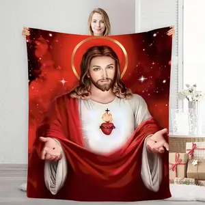 Sacred Jesus Sacred Heart Flannel Blanket | Religious Theme Home Decor | Warm and Comfortable | Red Holy Design | Machine Washable | All Seasons |Warm nap Blanket