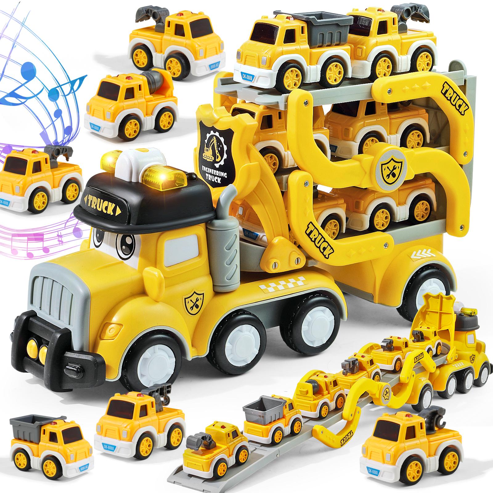 7-in-1 Transporter Car Carrier Truck Toy for Kids with 6 Mini Construction Vehicles, Track, Music, Lights 7-in-1 Transporter Car Carrier Truck Toy for Kids with 6 Mini Construction Vehicles, Track, Music, Lights