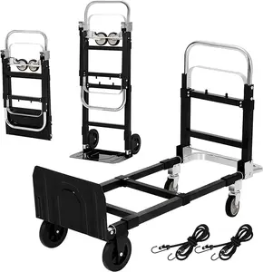2 in 1 Convertible Hand Truck Dolly, 660lbs Load Capacity Folding Cart with Wheels, Elastic Straps, Carbon Steel Collapsible Dolly Cart for Home, Warehouse, Supermarket, Office
