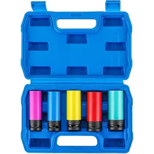 5PCS 1/2" Drive Impact Lug Nut Socket Set, 15-22mm Thin Wall Wheel Protector Sockets, Non-Marring Impact Socket Set for Easy Lug Nut Removal with Color-Coded Protective Sleeves