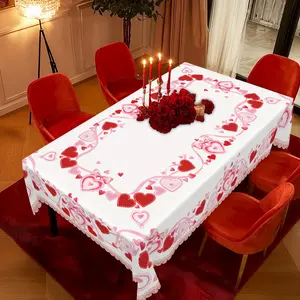 [Romantic Tablecloth] 1pc Romantic Valentine's Day Rectangular Tablecloth, Red Heart Stripes & Pink Bowknot Print, Polyester 100% Woven Stripes Pattern,Round Placemat, Anniversary Home Kitchen & Restaurant Patio Indoor/Outdoor Table Cover