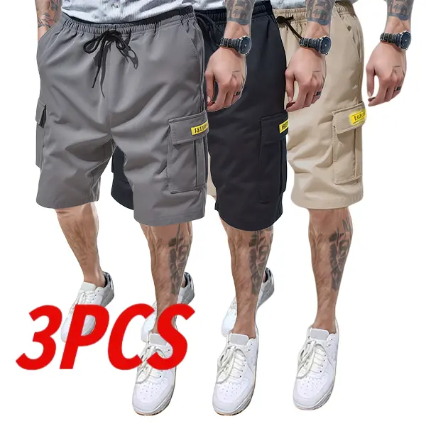 Men's 3-Pack Workwear Shorts Set - Durable Ripstop Fabric, Multiple Functional Pockets, Mid-Rise Mid Waist Adjust-Fit Drawstring Tie Waistband, Lightweight Utility Activewear, Above Knee, Ideal for Construction, Hiking