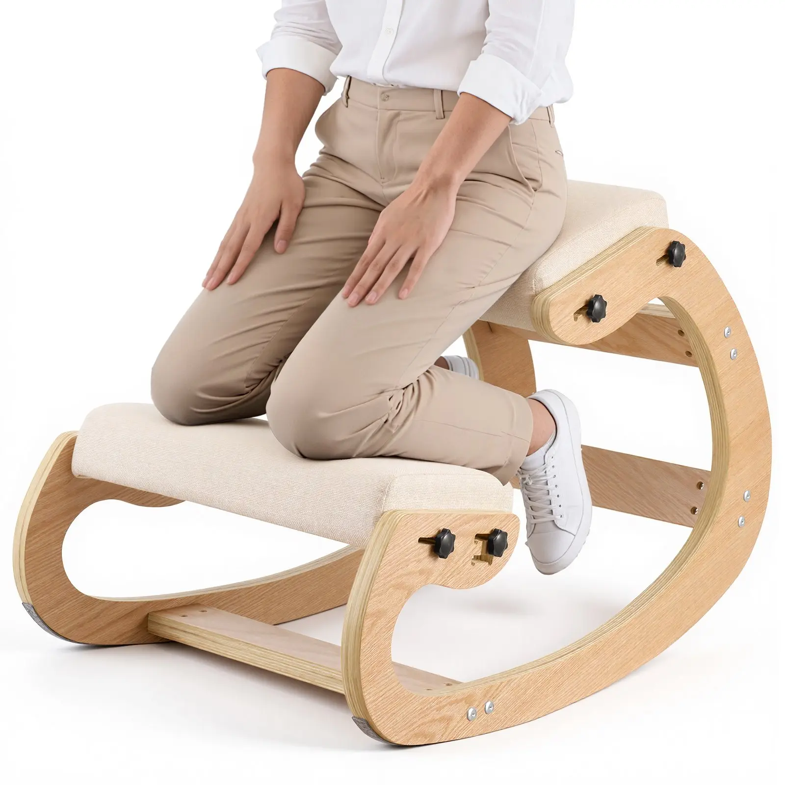 VEVOR Ergonomic Kneeling Chair, Wooden Posture Knee Chair with Adjustable Thick Foam Cushions Solid Wood Frame, Adjustable Height, Relief for Neck or Back Pain for Home, Office or Meditation, Beige