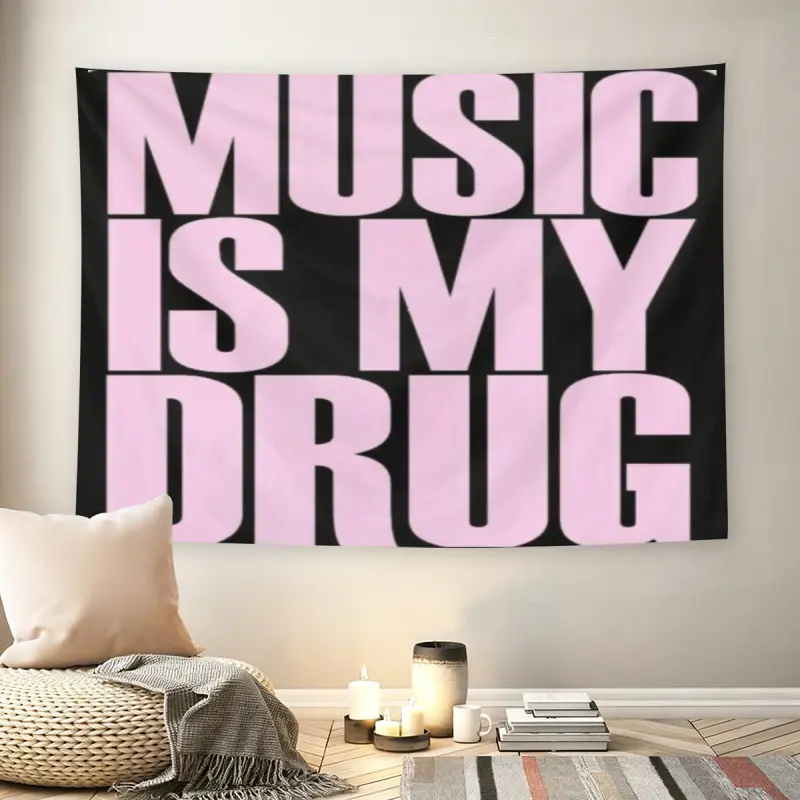 MUSIC IS MY DRUG Pink Bold Text Wall Flag, Black Background Y2K 2000s Aesthetic Tapestry, Mid-century Modern Grunge Room Decor for Adult Fans, Music Lover Slogan Wall Hanging